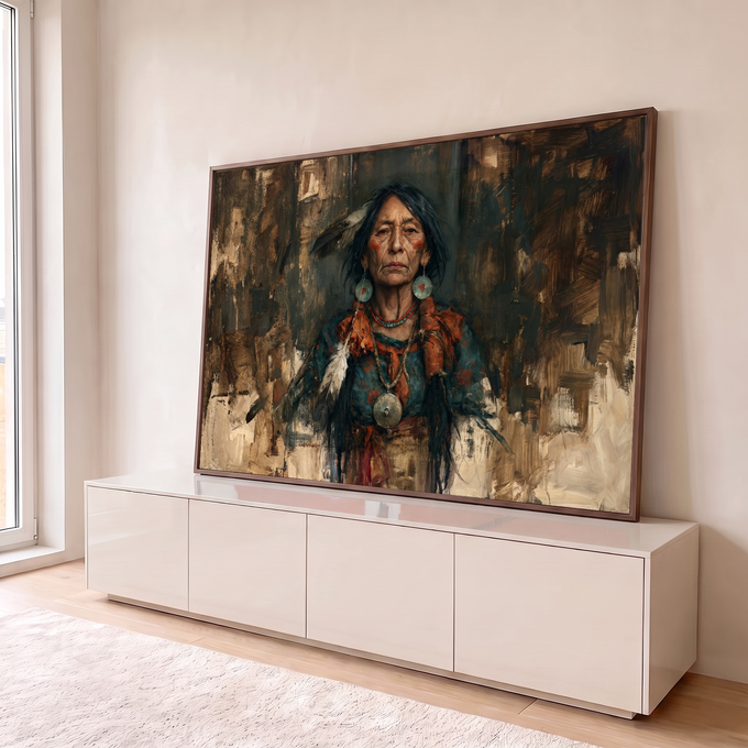 Retrato de anciã indígena com penas, brincos e colar turquesa sobre fundo terroso, quadro decorativo