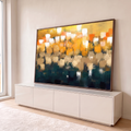 Quadro Decorativo Grande Abstrato Skyline para Sala Amarelo | quadros decorativos para sala | pinceladas abstratas verticais em dourado, laranja e verde-petróleo lembrando um skyline | em Quadros para Sala | Porao dos Quadros