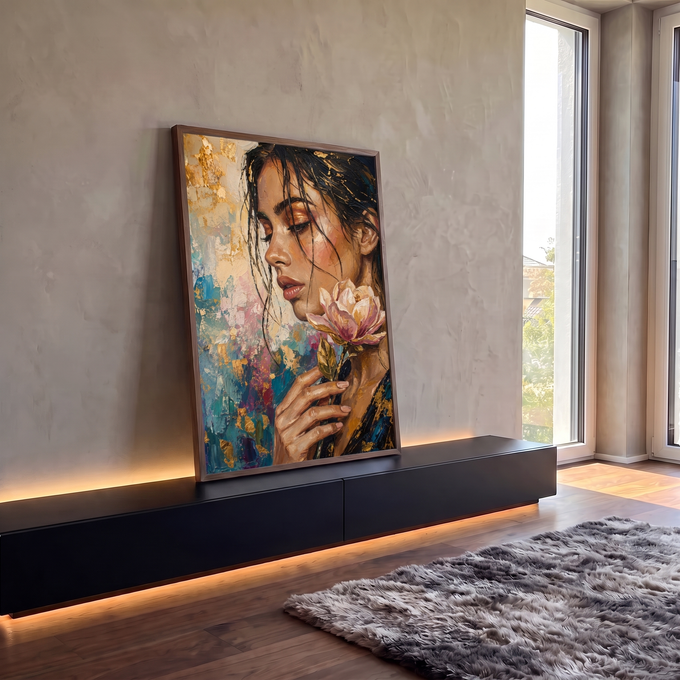 Quadro Decorativo Grande Mulher com Flor para Sala Dourado | quadros decorativos para sala | mulher de perfil com olhos fechados segurando flor rosa, toques de dourado no cabelo | em Quadros para Sala | Porao dos Quadros