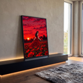 Mulher de vestido vermelho em campo de papoulas sob céu vermelho ao pôr do sol, quadro decorativo