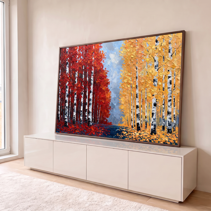 Quadro Decorativo Grande Floresta Bétulas Outono para Sala | quadros decorativos para sala | floresta de bétulas com folhagem vermelha de um lado e dourada do outro | em Quadros para Sala | Porao dos Quadros
