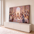 Pintura a óleo da Santa Ceia, Jesus partindo o pão com apóstolos sob janela em arco, quadro decorativo