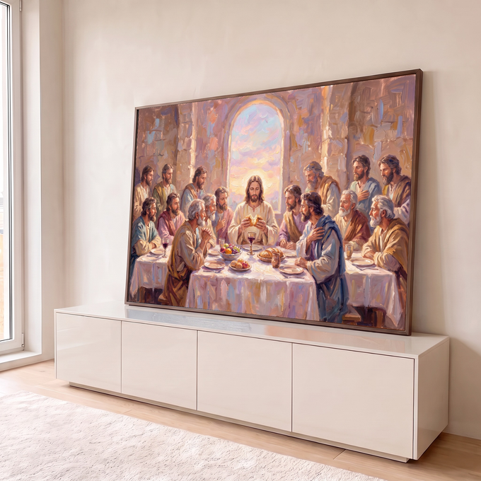 Pintura a óleo da Santa Ceia, Jesus partindo o pão com apóstolos sob janela em arco, quadro decorativo
