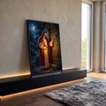 Quadro Decorativo Grande Jesus Batendo para Sala Vermelho | quadros decorativos para sala | homem de manto vermelho batendo à porta com lanterna sob luar | em Quadros para Sala | Porao dos Quadros