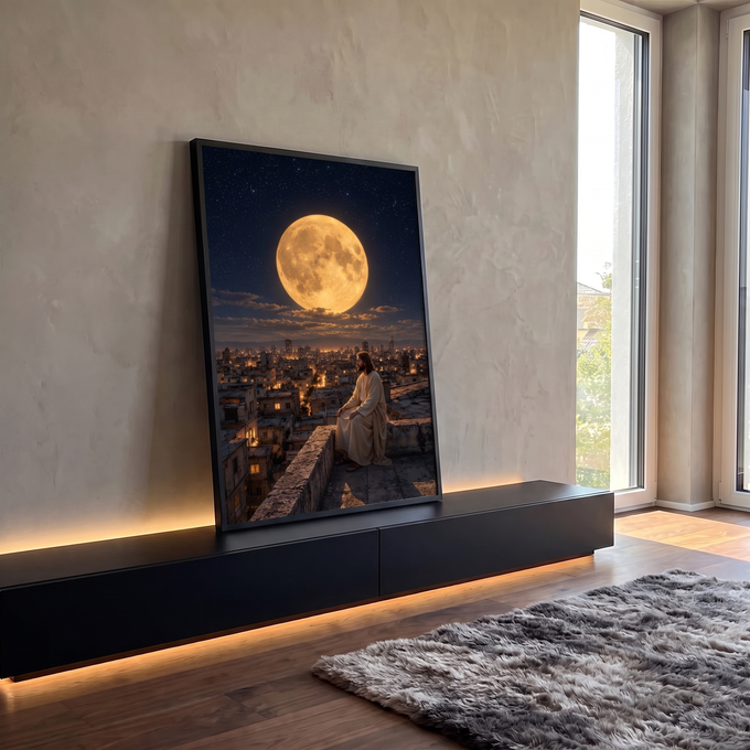 Quadro Decorativo Grande Homem de Túnica para Sala Dourado | quadros decorativos para sala | homem de túnica branca sentado em telhado observando lua dourada gigante sobre cidade noturna | em Quadros para Sala | Porao dos Quadros