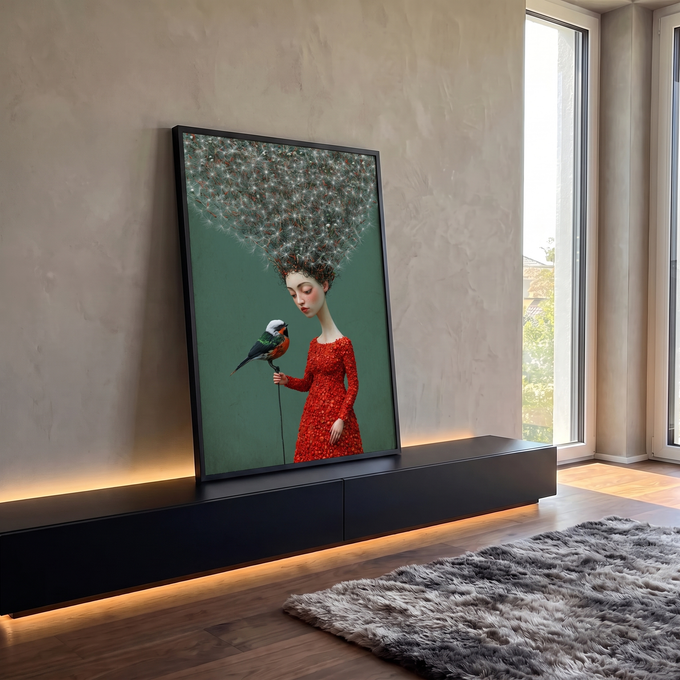 Mulher surreal de vestido vermelho com cabelo de dente de leão e pássaro, fundo verde, quadro decorativo