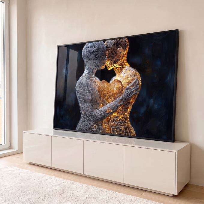 Quadro Decorativo Grande Casal de Fios para Sala Dourado | quadros decorativos para sala | duas figuras de fios prateado e dourado abraçadas com coração luminoso entre elas | em Quadros para Sala | Porao dos Quadros