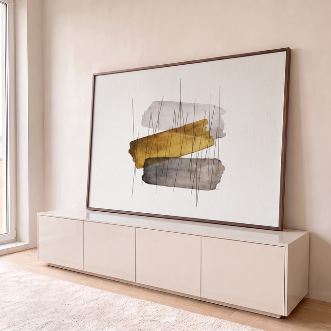 Quadro Decorativo Grande Abstrato e Cinza para Sala Dourado | quadros decorativos para sala | faixas abstratas em dourado e cinza cruzadas por linhas finas em ziguezague | em Quadros para Sala | Porao dos Quadros