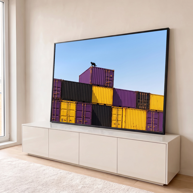 Quadro Decorativo Grande Gato Preto para Sala Roxo | quadros decorativos para sala | gato preto caminhando sobre contêineres roxos e amarelos contra céu azul | em Quadros para Sala | Porao dos Quadros