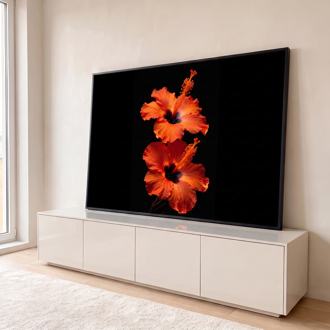 Quadro Decorativo Grande Flores de Hibisco para Sala Laranja | quadros decorativos para sala | duas flores de hibisco laranja e vermelho com centro escuro em fundo preto | em Quadros para Sala | Porao dos Quadros