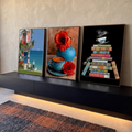 Quadro Decorativo Kit 3 Telas Café Vila Grega para Sala Azul | quadros decorativos para sala | cafeteria grega à beira-mar, xícara azul com papoulas vermelhas e pilha de livros coloridos | em Quadros para Sala | Porao dos Quadros