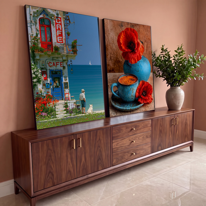 Quadro Decorativo Kit 2 Telas Café à Beira-Mar para Sala | quadros decorativos para sala | café à beira-mar com homem e cão, xícara azul de café e papoulas vermelhas | em Quadros para Sala | Porao dos Quadros