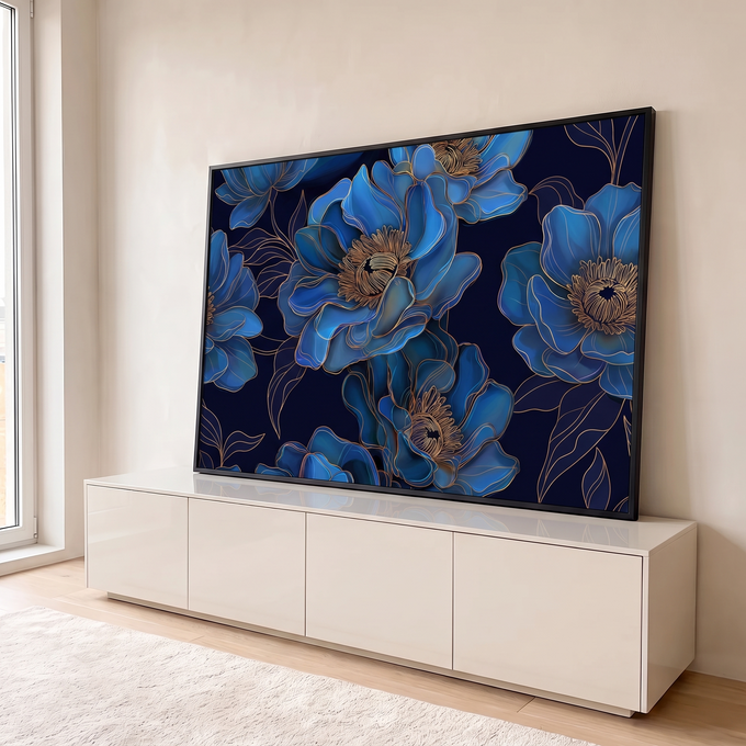 Quadro Decorativo Grande Flores Azuis Azul para Sala | quadros decorativos para sala | flores azuis detalhadas com contornos dourados sobre fundo marinho escuro | em Quadros para Sala | Porao dos Quadros