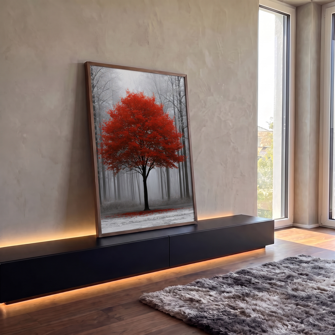Quadro Decorativo Árvore Vermelha na Neblina da Floresta | quadros decorativos para sala | árvore isolada com folhagem vermelha vibrante em meio a floresta nevoada e enevoada | em Quadros para Sala | Porao dos Quadros