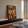 Quadro Decorativo Grande Cristo Crucificado para Sala | quadros decorativos para sala | Jesus crucificado com corpo em mosaico colorido diante de vitrais góticos | em Quadros para Sala | Porao dos Quadros