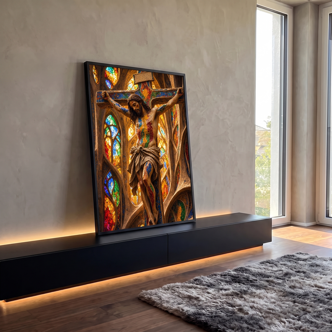Quadro Decorativo Grande Cristo Crucificado para Sala | quadros decorativos para sala | Jesus crucificado com corpo em mosaico colorido diante de vitrais góticos | em Quadros para Sala | Porao dos Quadros