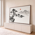 Quadro Decorativo Grande Árvore da Vida para Sala Preto | quadros decorativos para sala | pinheiro bonsai em tinta preta sobre rocha com montanhas nebulosas e sol vermelho | em Quadros para Sala | Porao dos Quadros