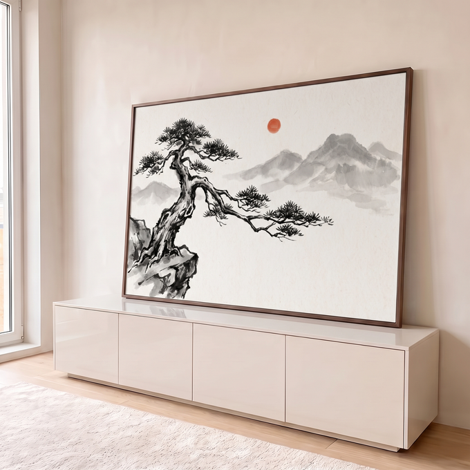 Quadro Decorativo Grande Árvore da Vida para Sala Preto | quadros decorativos para sala | pinheiro bonsai em tinta preta sobre rocha com montanhas nebulosas e sol vermelho | em Quadros para Sala | Porao dos Quadros