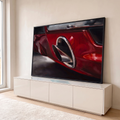 Quadro Decorativo Grande Escapamento Cromado para Sala | quadros decorativos para sala | close-up de carro vermelho com escapamento cromado duplo em pintura realista | em Quadros para Sala | Porao dos Quadros