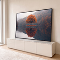 Quadro Decorativo Grande Árvore Refletida Lago para Sala | quadros decorativos para sala | árvore de outono laranja refletida em lago calmo com neblina ao fundo | em Quadros para Sala | Porao dos Quadros