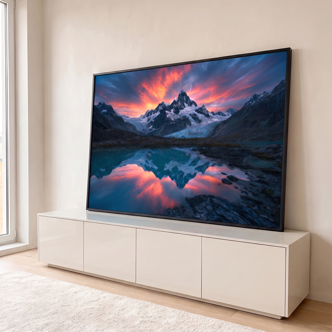 Quadro Decorativo Grande Montanha Nevada para Sala Laranja | quadros decorativos para sala | montanha nevada com geleira azul, céu laranja ao pôr do sol refletido em lago | em Quadros para Sala | Porao dos Quadros