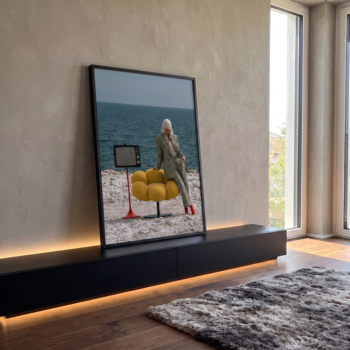 Mulher de terno xadrez e cabelo platinado com poltrona amarela e TV retrô à beira-mar, quadro decorativo