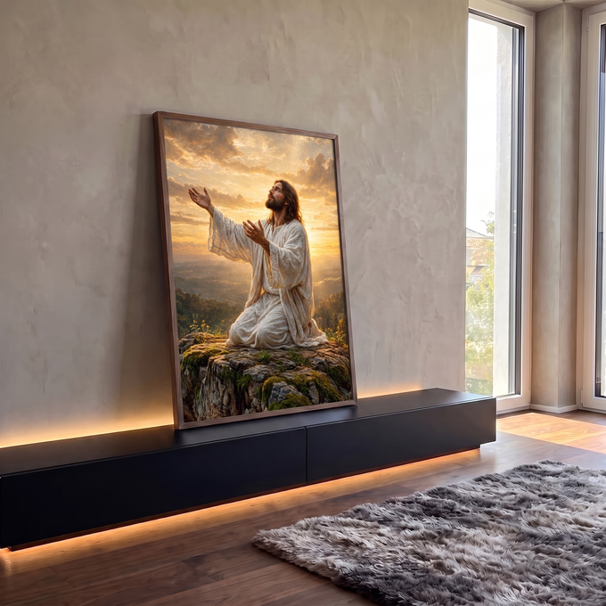 Quadro Decorativo Grande Jesus Orando Dourado para Sala | quadros decorativos para sala | Jesus ajoelhado em oração sobre rocha com céu dourado ao fundo | em Quadros para Sala | Porao dos Quadros