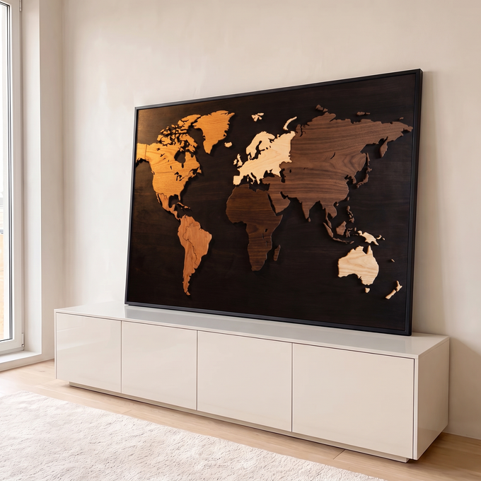Quadro Decorativo Grande Mapa Mundi Sala para Sala Marrom | quadros decorativos para sala | mapa múndi em relevo de madeira com continentes em tons variados sobre fundo escuro | em Quadros para Sala | Porao dos Quadros