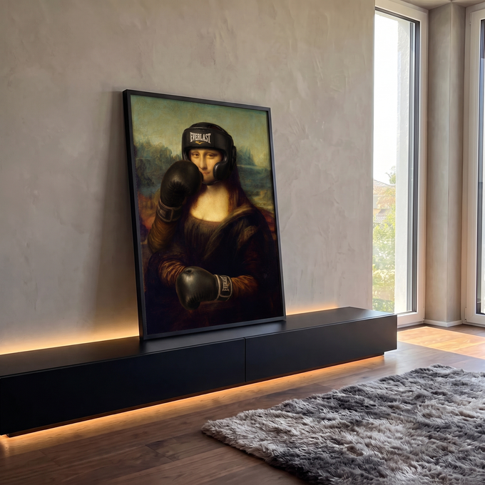 Quadro Decorativo Grande Mona Lisa Boxeadora para Sala Preto | quadros decorativos para sala | Mona Lisa com capacete e luvas de boxe pretas em pose de defesa | em Quadros para Sala | Porao dos Quadros
