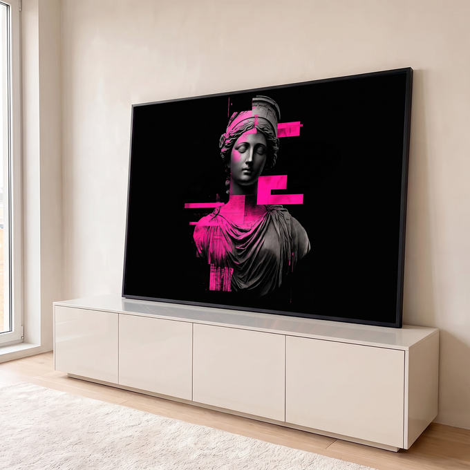Busto de deusa grega em mármore cinza com faixas glitch rosa neon sobre fundo preto, quadro decorativo