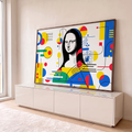 Mona Lisa em preto e branco com retícula e formas geométricas azuis, amarelas e vermelhas, quadro decorativo