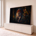 Quadro Decorativo Grande Leopardo Floresta para Sala Marrom | quadros decorativos para sala | leopardo caminhando por floresta escura com luz dourada e olhos âmbar | em Quadros para Sala | Porao dos Quadros
