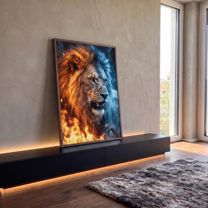 Quadro Decorativo Grande Leão Rosnando para Sala Laranja | quadros decorativos para sala | leão rosnando com juba metade fogo dourado e metade gelo azul | em Quadros para Sala | Porao dos Quadros