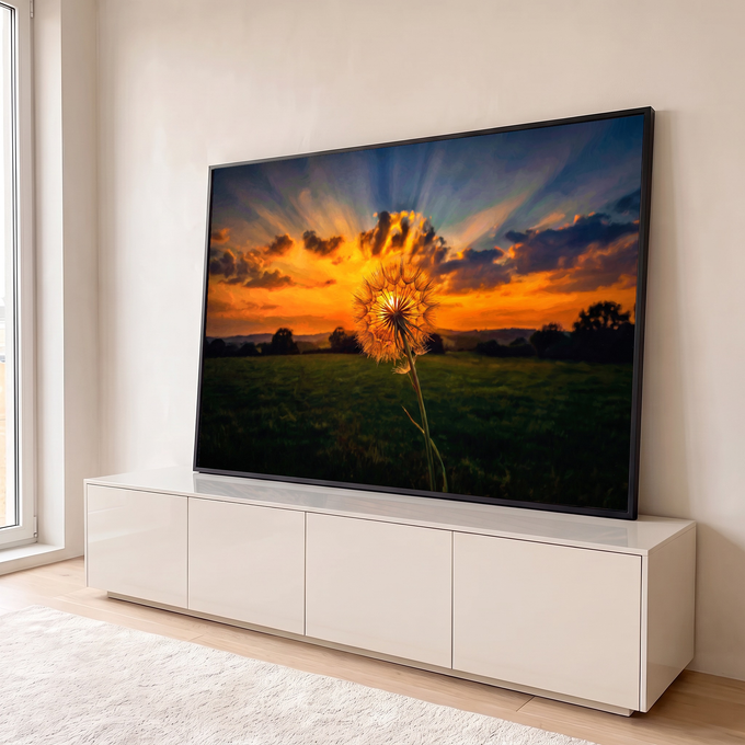 Quadro Decorativo Grande Dente Pôr do Sol para Sala Laranja | quadros decorativos para sala | dente-de-leão em silhueta contra pôr do sol laranja com raios de luz | em Quadros para Sala | Porao dos Quadros