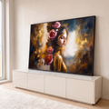 Mulher de olhos fechados com rosas no cabelo e roupa dourada em fundo pintado, quadro decorativo