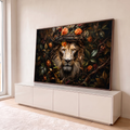 Quadro Decorativo Grande Leão com Coroa de Rosas para Sala | quadros decorativos para sala | leão com coroa de rosas e galhos cercado por folhagens densas | em Quadros para Sala | Porao dos Quadros
