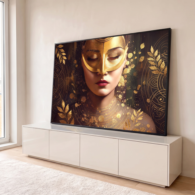 Quadro Decorativo Grande Mulher com Máscara para Sala | quadros decorativos para sala | mulher de olhos fechados com máscara dourada e folhas douradas ao fundo escuro | em Quadros para Sala | Porao dos Quadros