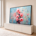 Quadro Decorativo Grande Flores Rosas para Sala Rosa | quadros decorativos para sala | buquê de flores rosas e coral em textura de espátula sobre fundo azul pastel | em Quadros para Sala | Porao dos Quadros