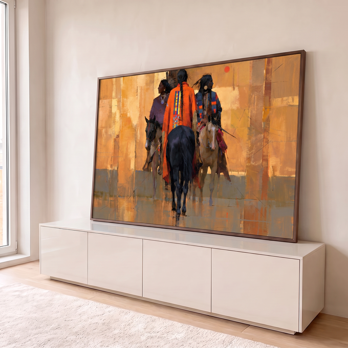Quadro Decorativo Grande Três Indígenas para Sala Laranja | quadros decorativos para sala | três indígenas a cavalo de costas em cena dourada com manto laranja geométrico | em Quadros para Sala | Porao dos Quadros