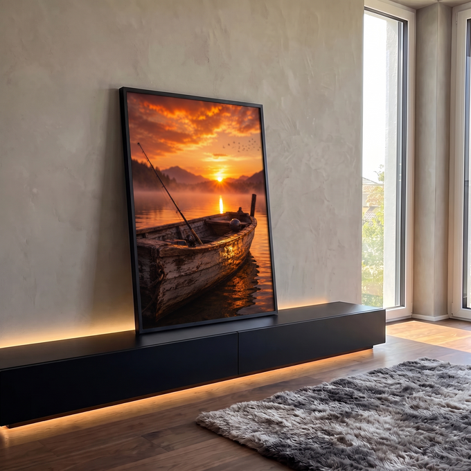 Barco de madeira rústico com vara de pesca em lago com névoa ao pôr do sol laranja, quadro decorativo