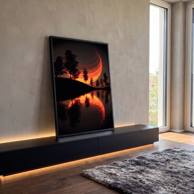 Lua com listras de luz laranja atrás de árvores em silhueta refletida em lago à noite, quadro decorativo