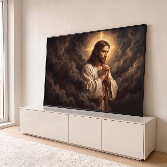 Quadro Decorativo Grande Jesus Halo Dourado para Sala Marrom | quadros decorativos para sala | Jesus Cristo em oração com halo dourado em cruz sobre fundo de nuvens escuras | em Quadros para Sala | Porao dos Quadros