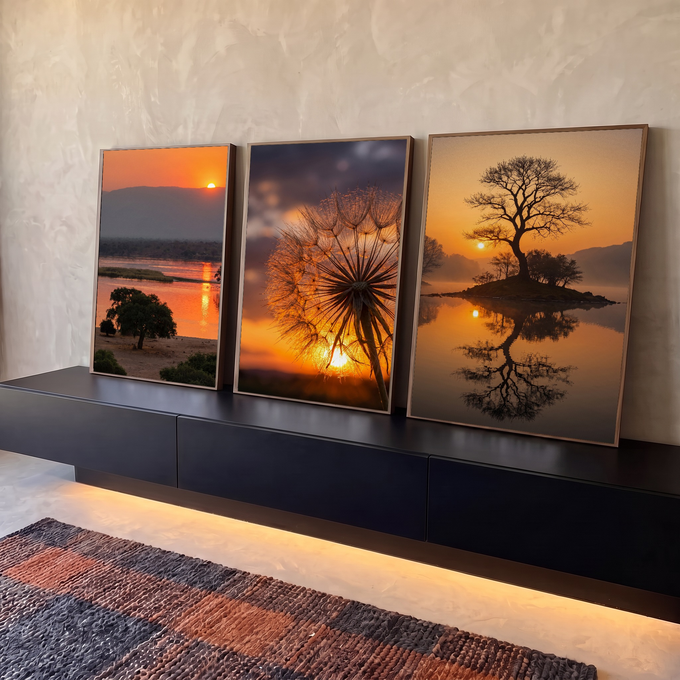Quadro Decorativo Kit 3 Telas Pôr do Sol Natureza para Sala | quadros decorativos para sala | tríptico de pôr do sol com lago, dente-de-leão e árvore refletida em tons laranja | em Quadros para Sala | Porao dos Quadros