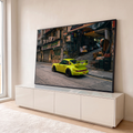 Porsche 911 verde limão com aerofólio estacionado em rua urbana de Hong Kong com grafites, quadro decorativo