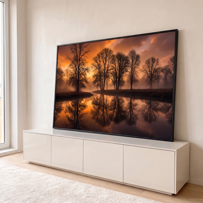 Quadro Decorativo Grande Árvores Refletidas para Sala | quadros decorativos para sala | árvores sem folhas refletidas em rio calmo sob céu laranja de pôr do sol com névoa | em Quadros para Sala | Porao dos Quadros