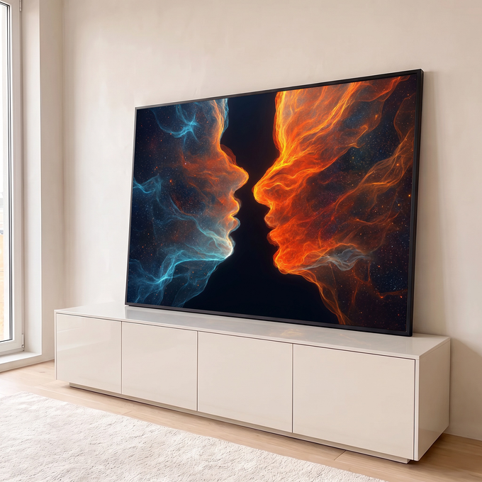 Dois perfis de rosto, um azul gelo e outro laranja fogo, prestes a se beijar no cosmos, quadro decorativo