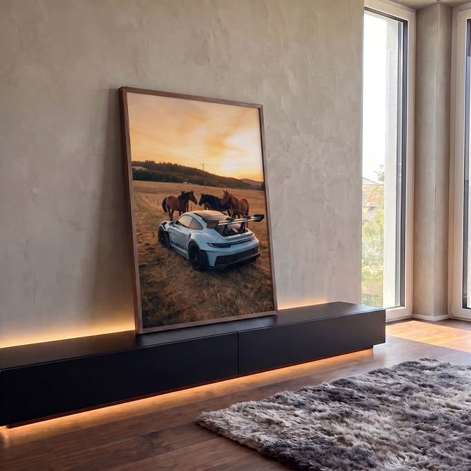 Porsche 911 GT3 RS branco com três cavalos em campo dourado ao pôr do sol, quadro decorativo
