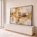 Quadro Decorativo Grande Abstrato com Texturas para Sala | quadros decorativos para sala | pintura abstrata com manchas de folha dourada sobre fundo bege e faixas pretas | em Quadros para Sala | Porao dos Quadros
