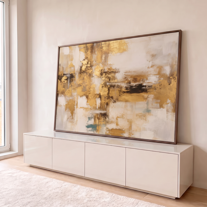 Quadro Decorativo Grande Abstrato com Texturas para Sala | quadros decorativos para sala | pintura abstrata com manchas de folha dourada sobre fundo bege e faixas pretas | em Quadros para Sala | Porao dos Quadros