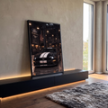 Quadro Decorativo Grande Carro Esportivo para Sala Preto | quadros decorativos para sala | carro esportivo preto com listras brancas em garagem industrial iluminada | em Quadros para Sala | Porao dos Quadros